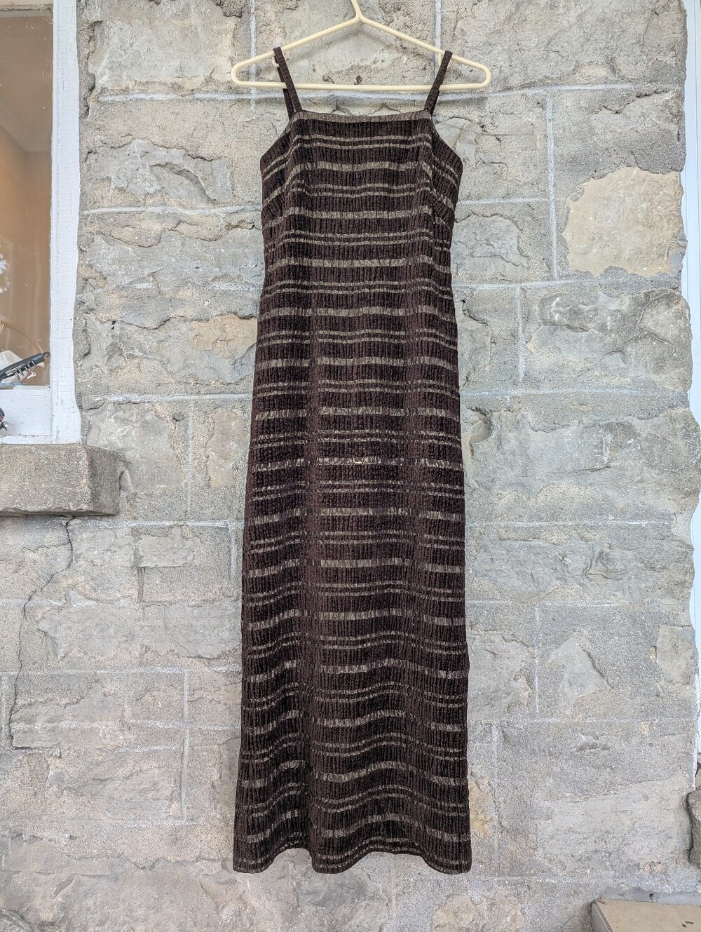Vintage Y2K Grunge Slip Dress Fully Lined Heavy Brown And Metallic Gold Stripes